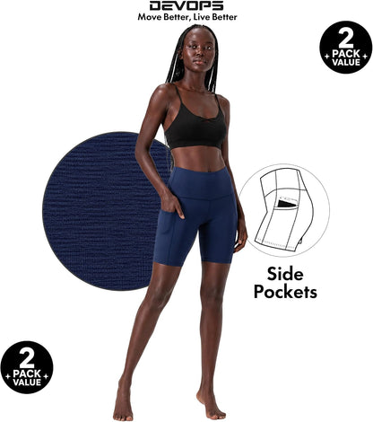 2 Pack Women'S 8" Biker Shorts High Waist Yoga Workout with Pockets | Athletic Compression Fit, Functional Side Pockets, 4-Way Stretch Performance,Advanced Moisture Wicking